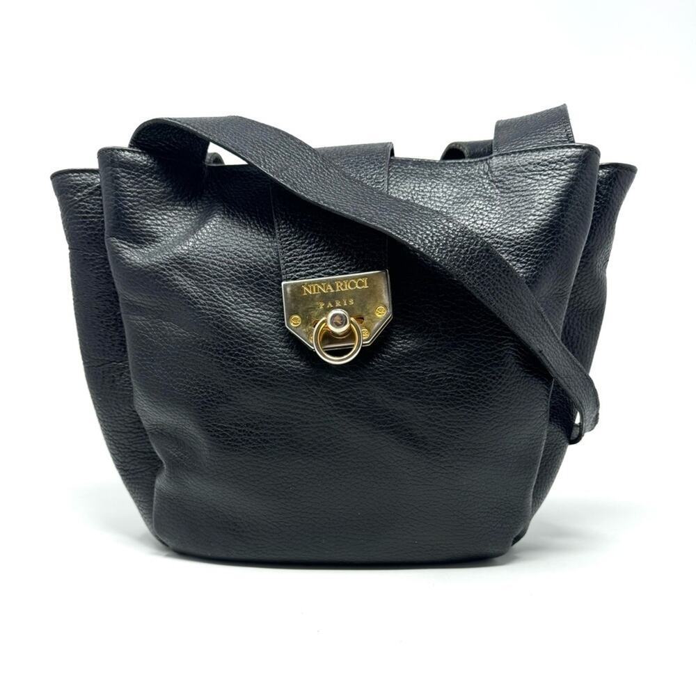 Nina Ricci Vintage Black Pebbled Leather Bucket Shoulder Bag With Gold Turnlock